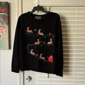 Karen Scott Black Sweater with Reindeer and Santa Design